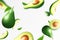 Avocado background. Flying whole, half and slices of fresh avocado. Unfocused and blurry effect. Can be used for wallpaper, banner