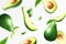 Avocado background. Flying whole, half and slices of fresh avocado. Unfocused and blurry effect. Can be used for wallpaper, banner