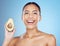 Avocado beauty, woman and portrait for skincare, healthy wellness salon and studio background. Happy model, smile and