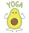 Avocado cartoon character meditate in yoga pose. Doing asana. Exersises for pregnant women.