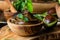 Avocado chocolate mousse in olive wooden bowl