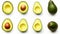 Avocado collection isolated on white. Avocado half Clipping Path. Avocado studio macro generative ai