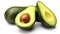 Avocado collection isolated on white. Avocado half Clipping Path. Avocado studio macro generative ai