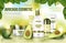 Avocado cosmetic poster ad. Realistic face cream, body wash, lotion, deodorant with green Avocado and tree leaves