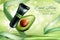 Avocado cosmetics vector illustration, organic realistic product bottle with label for beauty face skin care and cut in