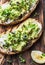 Avocado, cream cheese toast with micro greens on a rustic wooden board, top view. Good fats healthy eating concept. Delicious brea