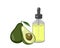 Avocado fruit with green leaf and dropper bottle of essential oil extract
