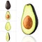 Avocado fruit, half of Avocado fruit, slice, isolated on white background with drop shadow. Collage of set photos