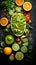 avocado guacamole with lime orange and herbs on black background