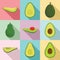 Avocado icons set, flat style