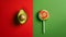 Avocado and lollipop on a red and green split background. Healthy versus junk food. Diet concept. Generative AI