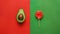 Avocado and lollipop on a red and green split background. Healthy versus junk food. Diet concept. Generative AI
