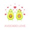 Avocado love. Cute cartoon avocado character in love. Vector isolated illustration on white background for any design.