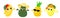 Avocado, mango, lemon and pineapple in cartoon style. Fruit has a face and eyes, and the fruit is wearing a hat.