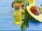 Avocado oil on wooden background vitamin health