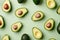 Avocado on pastel green background. Fresh ripe avocado pattern, minimal flat lay style, pop art design, vegan favorite tropical