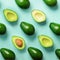 Avocado pattern on blue background. Top view. Banner. Pop art design, creative summer food concept. Green avocadoes, minimal flat