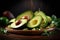 Avocado presentation on a wooden background with enticing dark atmosphere