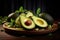 Avocado presentation on a wooden background with enticing dark atmosphere