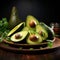 Avocado presentation on a wooden background with enticing dark atmosphere