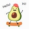 An avocado in a red cap is riding a skateboard.