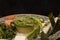 Avocado salad with sesame seeds, dried nori seaweed flakes, white