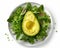 Avocado with salad on white background, top view. Healthy food.