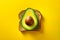 Avocado sandwich on yellow background. Flat lay. Top view. Generative Ai