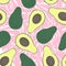 Avocado seamless pattern with pink tropical leaves on white background