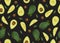 Avocado seamless pattern whole and sliced on black background