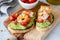 Avocado Shrimp Bruschetta On Wooden Serving Board