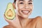 Avocado skincare, woman beauty and cosmetic wellness for healthy diet, happy results and clean glowing skin on blue