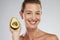 Avocado skincare, woman beauty and natural cosmetic wellness in healthy diet, detox result and clean glowing skin on