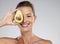 Avocado skincare, woman beauty and natural cosmetics for facial mask, healthy diet and happy results on grey studio