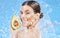 Avocado, skincare and woman in studio portrait for healthy food, wellness and beauty vegan cosmetics promotion with