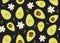 Avocado sliced seamless pattern with flower on black background