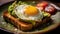 Avocado slices on toasted bread topped with a fried egg, seasoned with pepper and salt, on a rustic ceramic plate with halved
