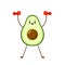 Avocado sport with red dumbbells. Avocado character design on white background. Morning exercises. Cute illustration for