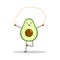 Avocado sport with yellow skipping rope. Avocado character design on white background. Morning exercises. Cute