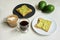 Avocado toast, americano coffe, and latte
