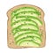 Avocado on toast bread. Delicious avocado sandwich. Vector illustration.