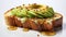 Avocado toast sprinkled with seasoning seeds on white background