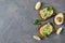 Avocado toast on whole grain bread, mashed avocado with sesame seeds and lime, healthy eating concept, top view