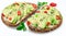 Avocado toasts - bread with avocado slices, pieces of chilli pepper and black sesame isolated on white background