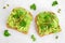 Avocado toasts with pumpkin and chia seeds on whole grain bread, top view on marble