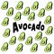 Avocado typography lettering logo on avocado background. Trendy menu, sticker, packaging design for farmers food market.