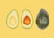 Avocados levitate in air on yellow pastel background. Concept of vegetable levitation