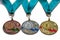 Award medals gold silver and bronze colors with green ribbons
