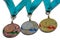 Award medals gold silver and bronze colors with green ribbons