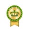 Award ribbon gold icon. Golden green medal crown design isolated white background. Symbol winner celebration, best